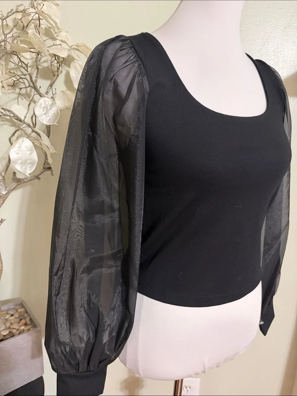 LOFT Black Scoop Neck Top Puff Sleeve